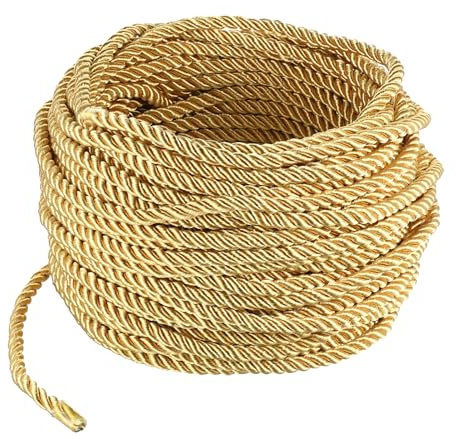 5mm 21 Yards Gold Rope Cord for Sewing and Crafting, 3-Ply Twisted Cords Shiny Graduation Cord Nylon Decorative Silk String for Home Decor Upholstery Curtain Tieback Bag Drawstrings