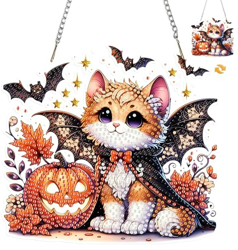 MISCER Katze Diamond painting Hängende Ornament Kit, Halloween DIY Doppelseitig Diamant Malerei Fensterbilder Anhänger, Diamant Kunst Anhänger Kit für Kinder Erwachsene Tür-oder Fenster Wand Deko