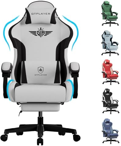GTPLAYER Gaming Stuhl, Ergonomischer Gamer Stuhl aus Stoff mit Lendenwirbelstütze, PC-Stuhl mit verbreiterter Rückenlehne, Belastbar bis 150 kg, Grau
