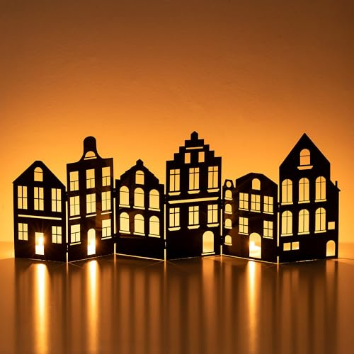 Sziqiqi Häuser Silhouette für Weihnachtsdeko Schwarz: 70 cm Häuserzeile Weihnachten Kerzenhalter für Stumpenkerzen Teelichter - Metall Haus Weihnachtsdeko zum Hinstellen für Fensterbank Kamin