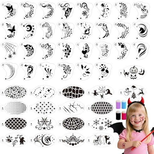 EAPIKON 48 Plantillas de Pinturas de Cara con 4 Esponjas de Dedo, Plantillas Reutilizables para Pintura Facial y Corporal, Maquillaje Pintacaras para Halloween Carnaval Cosplay Fiestas Niños Adultos