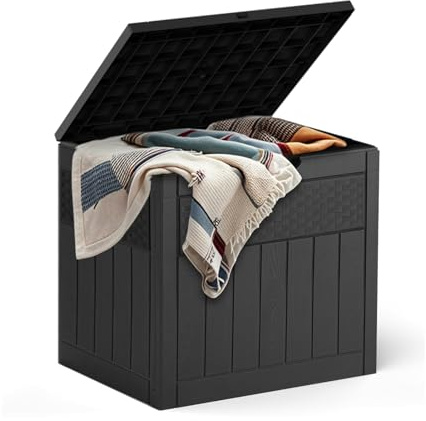 DKIEI 126L Garden Storage Box with Padlock, Lockable Outdoor Storage Box Waterproof for Tools, Cushion, 55.5x43x53 cm, Rattan Pattern, Black