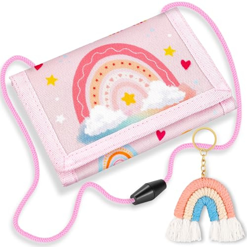 Qhpbuy Schultüte Füllung Portmonee Kinder, Brustbeutel Kinder, Dreifach Gefaltete Geldbörse mit Regenbogen Anhänger, Geldbeutel Mädchen zum Umhängen für Schultüte Einschulung Mädchen 2026 Schulkind