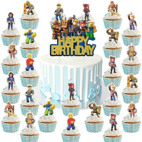 NlsqUK 25 Rblox Cake Topper, GameThemed Cake Topper, Rblox Birthday Decorations Cupcake Toppers for Birthday Party Supplies