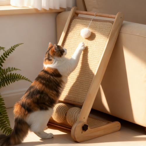 Kratzbrett Katze, DREI-Use Sisal L förmige Katzenkratzbrett mit Ball 59 cm hoch, Natürliche Sisal Kratzsäule Katze für alle Katzen Spielen, Entspannen, Schutz von Möbeln und Sofas