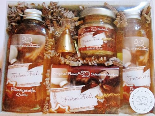Geschenkset für Weihnachten Pflegeset Weihnachtszeit mit 100g Schafmilchseife, 75ml Flüssigseife, 40g Badesalz und 75ml Duschbad in der Geschenkbox -aus Schafmilch - Duft Quitte