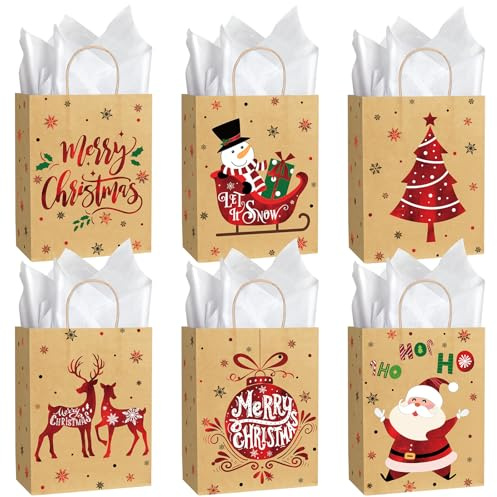 Geschenktüten Weihnachten -12 Stück große Geschenk Papiertüten mit Seidenpapier, Weihnachts Kraft Geschenktaschen mit Griff für Weihnachtsfeier (25x13x32 cm)