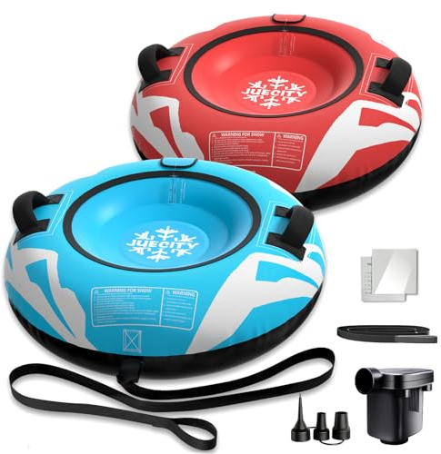 Snow Tube for Sledding Heavy Duty, Inflatable Snow Sled Innertube with Air Pump & Premium Canvas Cover for Kids Adult with Thickened Bottom, Towable Rope (2 Pack)
