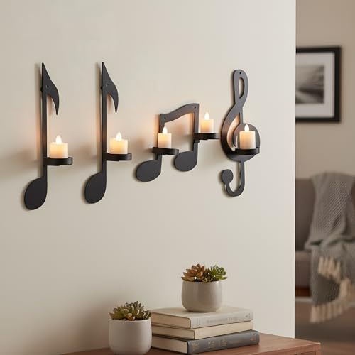 Ferrochef Set of 4 Music Note Wall Sconces Decor Candle Holders Black Metal Teacher Appreciation Week Decoration Tea Light Stand for Kitchen Porch Living Room Musical Signs for Winter Music Lover Gift