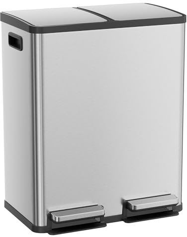 Kitchen Trash Can, 16 Gallon Dual Compartment Garbage Bin with Quiet Close Foot Pedal, Stainless Steel