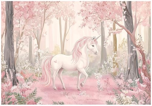 WallArena - Vlies Fototapete Kinderzimmer 350x250 cm Einhorn - Fototapeten Tapeten für Kinder Mädchen - Kindertapete - Kinderzimmertapete rosa Blumen Fantasy