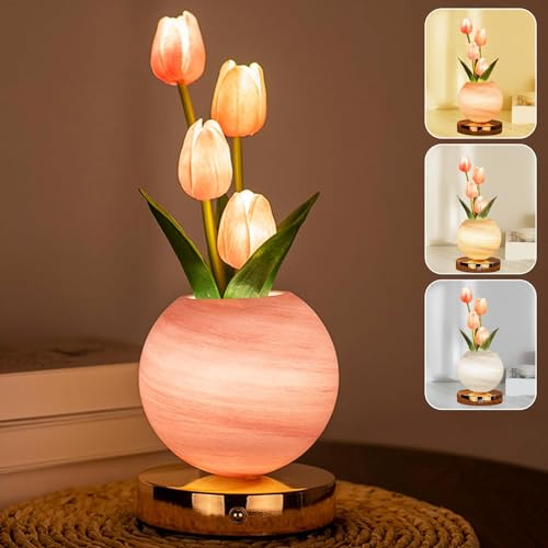 BVI BOOMERVIVI Lampada da tavolo a forma di tulipano, ricaricabile, senza fili, dimmerabile, con tulipano artificiale, lampada da scrivania a LED, luce notturna per comodino, regalo romantico per