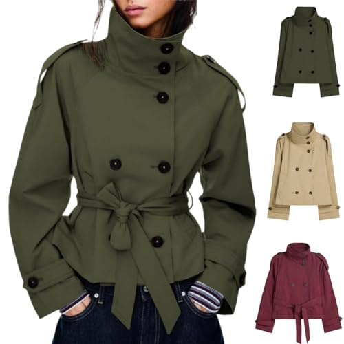 Gabardina corta para mujer, diseño retro de solapa, doble botonadura, con cordones, versátil, corta para otoño, Ejercito Verde, L