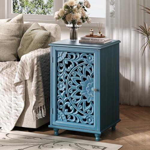JOINICE End Table with Storage, 28 Tall Blue Side Table with Carved Door & Adjustable Shelf, Small Accent Cabinet with Solid Wood Legs for Living Room & Bedroom, Distressed Farmhouse Style