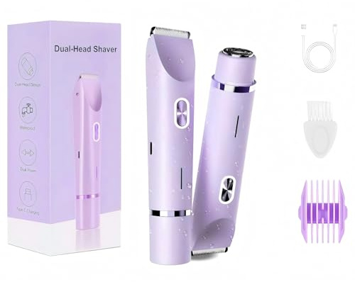 Bikini Trimmer Women 2-in-1 Dual Head Shaver, Lady Shavers for Women Pubic Hair with Dual Floating Blades, USB-C Waterproof Intimate Hair Removal for Face Underarm Legs Body (Purple)