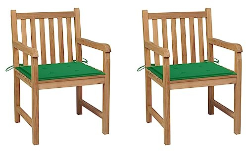 Ziaphsol Trädgårdsstolar, set om 2 av massivt teak med gröna kuddar, väderbeständig, stapelbar, bekväm, perfekt för terrass balkong trädgård, med armstöd, ryggstöd, hållbart