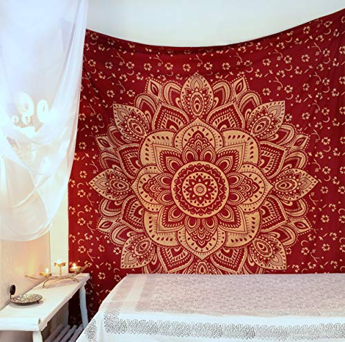 Popular Handicrafts Kp742 The Passion Gold Ombre Tapisserie Indisches Mandala Wandkunst, Hippie Wandbehang, Bohemian Tagesdecke 215 x 230 cm, Kastanienbraun