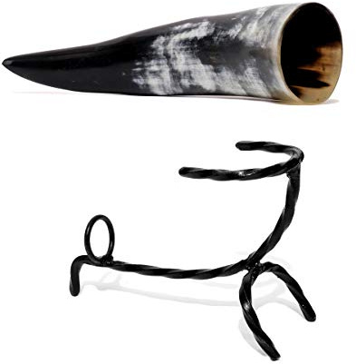 Brillibrum Tasse design en corne de vache véritable polie avec poignée - Verre viking - Chope à bière médiévale unique (300 ml, corne de vache polie avec support)