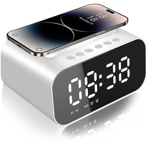 VORRINC Rádio Relógio Despertador con Estación de Carga inalámbrica,Radio Despertador Digital con Espejo,Bluetooth,Alarmas duales,Repetición,Temperatura,3 Brillo,16 Niveles de Volumen,para Dormitorio