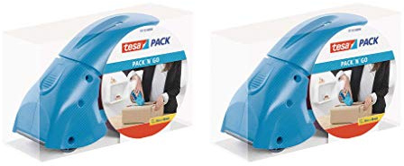 tesapack Abroller Pack' n' Go - Ergonomischer, blauer Handabroller für Paketbänder - Inklusive 50 m x 48 mm Klebeband (2 Abroller)