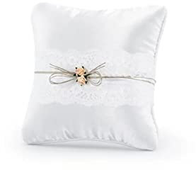 PartyDeco Ringkissen für Hochzeit 16x16 cm - Satinstoff, Spitzenband, Papierrosen, Juteschleife Hochzeitsring-Kissen weiß 16 x 16cm Hochzeit Party Familientreffen