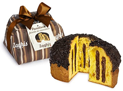 ZAGHIS Panettone artigianale da 800g farcito con cremoso cioccolato, ricoperto di cioccolato e spolverato con scagliette fondenti, incartato a mano con nastro di raso ramato