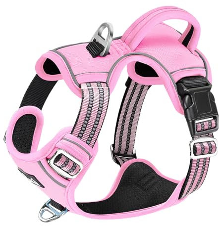 Eyein Hundegeschirr für Mittelgroßer Hunde, Anti Zug Brustgeschirr mit 2 Leinenclips und leicht zu bedienendem Griff, Verstellbare und reflektierende Gepolstert Geschirr für Spaziergänge (Rosa, M)