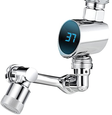 MHGLOVES Schwenkbarer Wasserhahn Strahlregler, 1080 Grad Drehbar, 2 Wasserauslassmodi, Temperaturanzeige, Universal Messing Wasserhahn Verlängerung Aufsatz