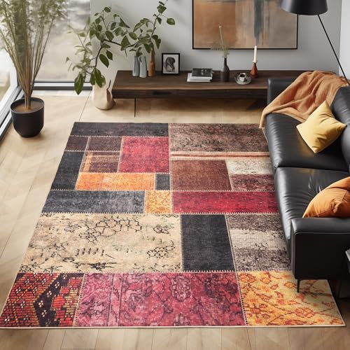 Carpettex Teppich Tapis Lavable en Tissu Plat Robuste avec Design Patchwork, Aspect Vintage, antidérapant pour Le Salon, Couleur: Multicolore, Taille: 140 x 200 cm