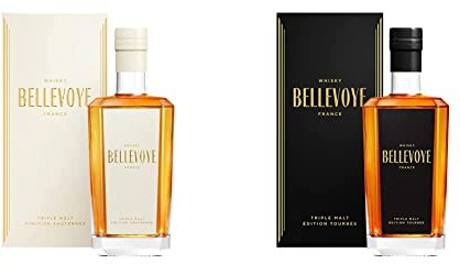 BELLEVOYE - Whisky Triple Malt - Whisky Français Bellevoye Blanc - 40% Alcool - Origine : 100% France - 70 cl & Whisky Triple Malt - Whisky Tourbé Français Bellevoye Noir - 43% Alc. - 70 cl