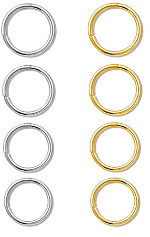 8PCS Anillos de Nariz Pendientes de Aro,316L Acero Quirúrgico Sleeper Pendientes de Aro Septum Clickers Anillo de Segmento con Bisagras,Piercing de Lóbulo de Caracol Oro+Plata