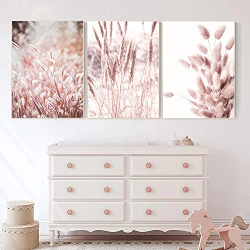 Trayosin 3er Premium Poster Set, Rosa Pampasgras Boho Deko Wandbilder,Moderne Bilder Wohnzimmer Deko Schlafzimmer, Wandkunst Bild ohne Rahmen (50x70cm)