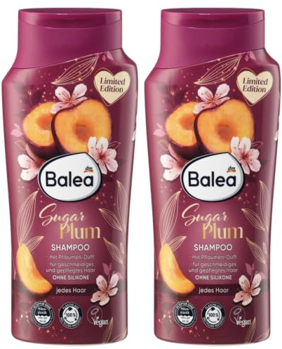 Balea Shampoo Sugar Plum für geschmeidiges Haar, Pflaumen-Duft, 2 x 300 ml | Haarpflege für jeden Haartyp mit Vitamin B3 & Provitamin B5 für strahlenden Glanz ohne Silikone, Ammoniak & Alkohol, vegan