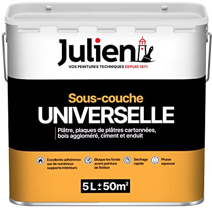 Julien Peinture Sous-Couche - Universelle - Murs et Plafonds, Plaques de Plâtre, Ciment, Béton, Enduits Lissés, Bois et Dérivés - Blanc Mat 5L