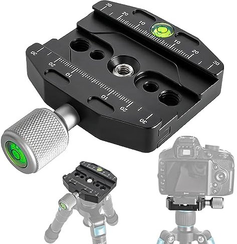 50mm Schnellwechselplatte Klemme für Arca Swiss Stativkopf, Stativ Kamera Quick Release Plate mit Wechselplatte 1/4 3/8 Schraube Adapter Universal-Metallklammer Schnellwechselsitz mit Wasserwaage