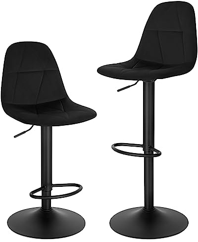 Lestarain Tabouret Bar Lot de 2 Chaise de Bar Tabouret de Comptoir avec Dossier, Réglable en Hauteur, Pivotant à 360°, Velours Hauteur d'Assise 60-81cm, Noir, LBAI64003-2