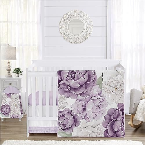 Sweet Jojo Designs Bettwäsche-Set für Babybett, Boho, Shabby-Chic-Stil, Blumenmuster, Babybett, Decke, Spannbetttuch, Rock, Windelstapler, 4-teilig, Violett, Elfenbein, Bohemian, Vintage, Aquarell,