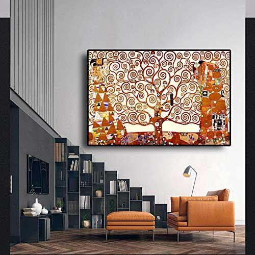 HOLEILUCK Arte Moderna Della Parete Albero Della Vita Gustav Klimt Quadri Da Parete Per Soggiorno Quadro Con Cornice Nera Arte Decorativa Stampata 70x125cm/28x49 Pollici Con Cornice Nera