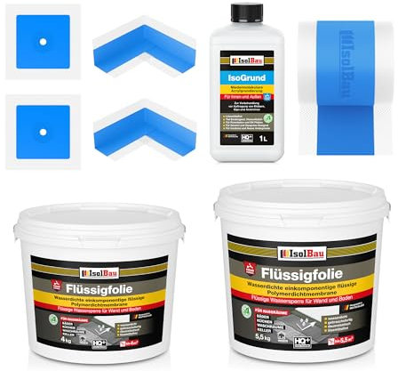 Isolbau Dicht-Set - Inkl. 1x Flüssigfolie (9,5 kg), 1x Isogrund (1 L), 1x Dichtband (5 m), 2x Innenecken & 2x Manschetten
