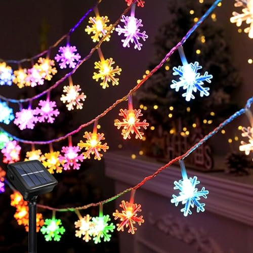 Micacorn Catena Luminosa Solare, Luci Stringa Natalizie Solari Fiocco di Neve 12 Metro 8 Modalità 100 LED Solare Impermeabile Luci Stringa per Esterno Case Giardini Decorazioni Natalizie Feste