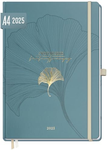Häfft® Wochen-Notiz-Kalender 2025 A4 Blue Ginkgo Buchkalender, Terminplaner Notiz-Timer, Wochenkalender, Organizer, Terminkalender mit Einstecktasche - nachhaltig & klimafreundlich