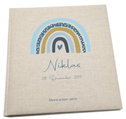 Tenii® Fotoalbum personalisiert Baby, Kind Regenbogen Punkte Leinen, Erinnerungsalbum (30x31cm - 100 Seiten)