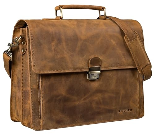 STILORD Stanley Aktentasche Herren Leder mit Schloss für 17 Zoll Laptop Business Tasche Echtleder Vintage Laptoptasche Groß Umhängetasche XL mit Trolley Halterung Farbe:sepia - braun plain