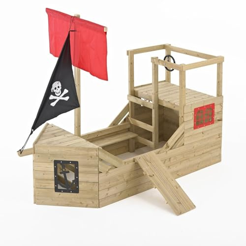 TP Toys Piraten Galeon Holz Spielhaus inklusive Lenkrad FSC zertifiziertes Holz Spaß stabil Outdoor Garten Wendy Haus Piraten Design Outdoor Spiel Holz Höhle Spielhaus ab 3 Jahren