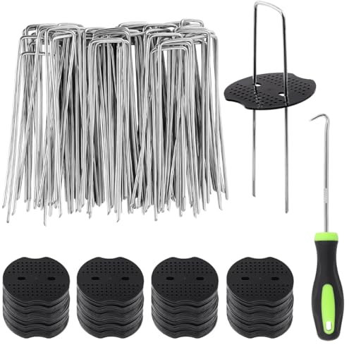Sliva 80 Weed Control Membrane Pegs + 80 Washers & Pick Hook, 6/150mm Weed Mat Pegs, U-Shaped Securing Stakes Metal Pins for Fabric, Matting, Netting,Hoses,Artifical Grass