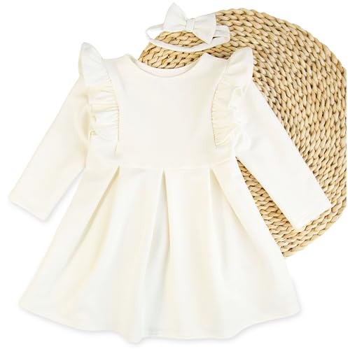 CiuchCiuch Taufkleid mit Stirnband – Ecru – für Mädchen – Für Säuglinge – Elegantes Kleid mit Rüschen – Stirnband mit Schleife – Zusammensetzung: 95% Baumwolle, 5% Elastan 80