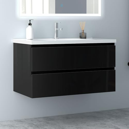 Biubiubath Badezimmermöbel 100cm Keramik Waschtisch mit Unterschrank Badmöbel Set Badezimmerschränke mit 2 Soft-Close Schubladen Hochglanz Schwarz