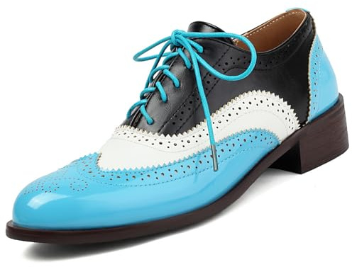 Women's Patent Leather Perforated Lace-up Oxfords Multicolor Colorful Brogues Wingtip Derby Shoe Ladies Plus Size Vintage Dress Oxfords-15 Yards (Blue,7,Women,7)