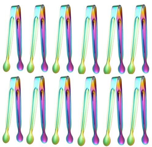 12pcs Pinzas Hielo, Pinzas para Azúcar, Pinzas para Hielo de Acero Inoxidable, Alicates de Hielo, Mini Pinzas de Servir para Cubitos de Hielo, Azúcar, Cocina Bar Cafetería Buffet (Multicolor, 15cm)
