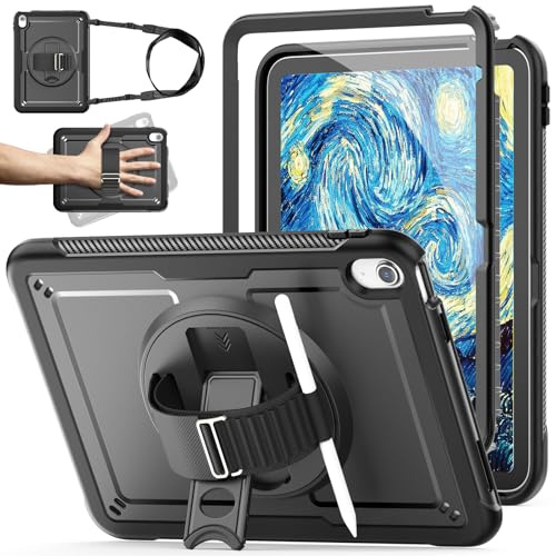 KAIJIAbox Case for iPad (A16) 11th/10th Generation 11/10.9 Inch 2025/2022 | 3 in 1 Protection: Screen Protector, Pen Holder, 360° Stand, Hand Strap, Shoulder Strap, Drop-Proof, Lightweight